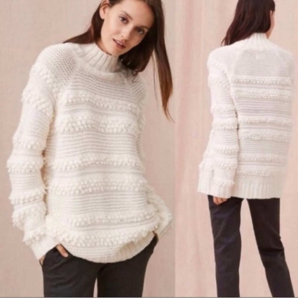 Lou & Grey snow bird Pom Pom alpaca blend loose fit mock neck cream sweater Med